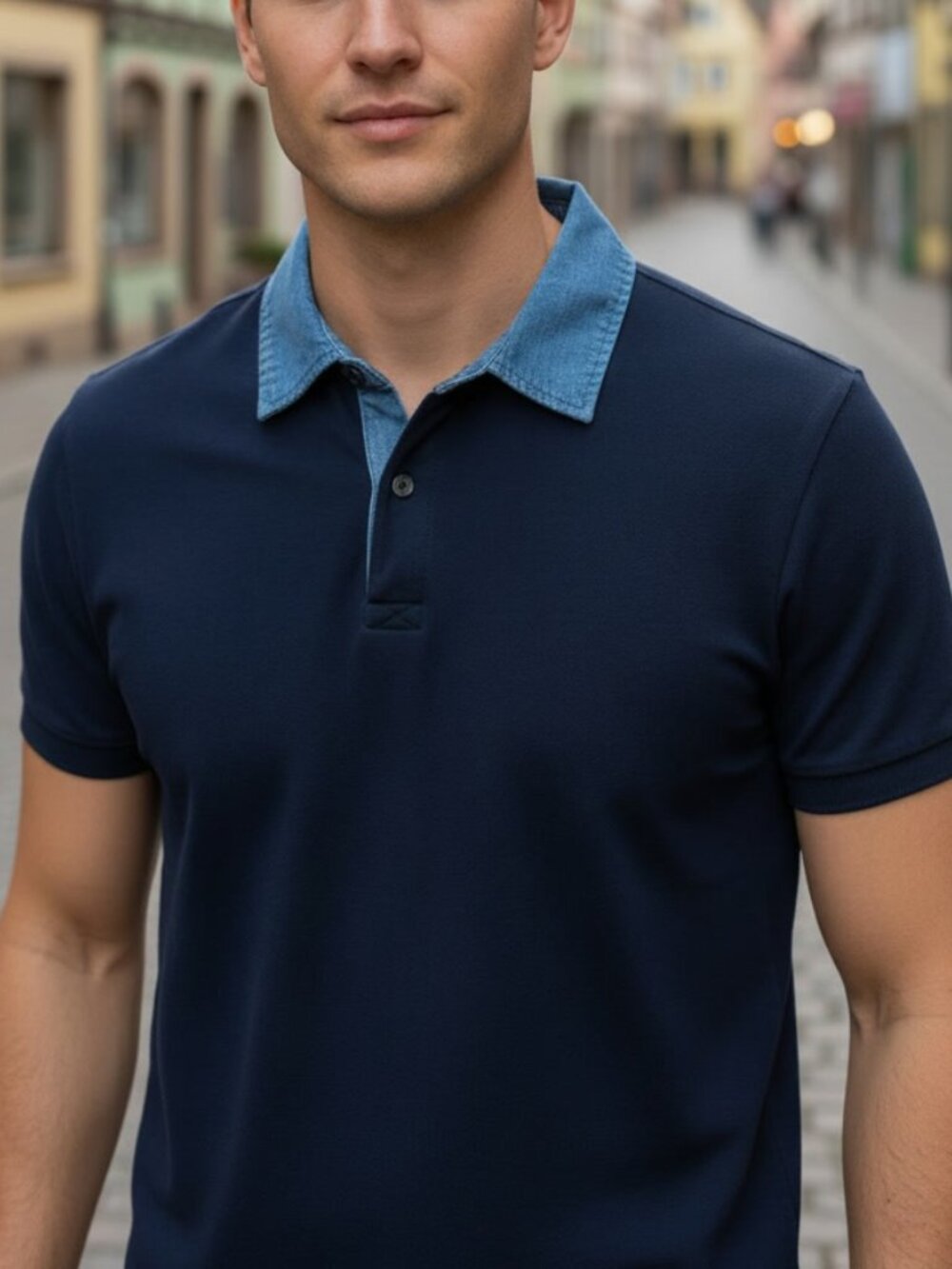 Slate & Stone Men’s Navy Polo Shirt - Size M - Blue Denim Collar Detail